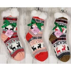 New Set of 3 Mari Clare SHERPA Lined Reindeer No Slip Slipper Socks Women's